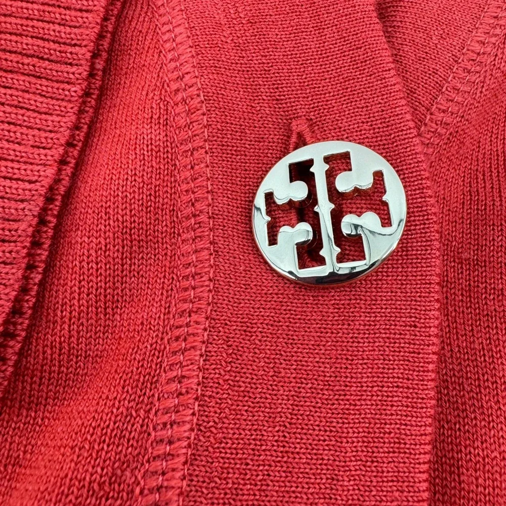 Tory Burch Simone Cardigan Womens XL Orange Merino Wool V-Neck Logo Button *READ